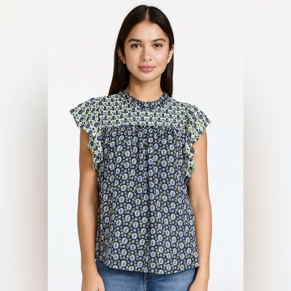 Rachel Zoe Ruffle Navy Blue‎ Green floral Peasant Blouse Size Medium